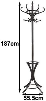 Walnut Wood Coat Rack with 12 Hooks and Umbrella Stand - Brown Rotating Hat Hanger - 45-Degree Angle