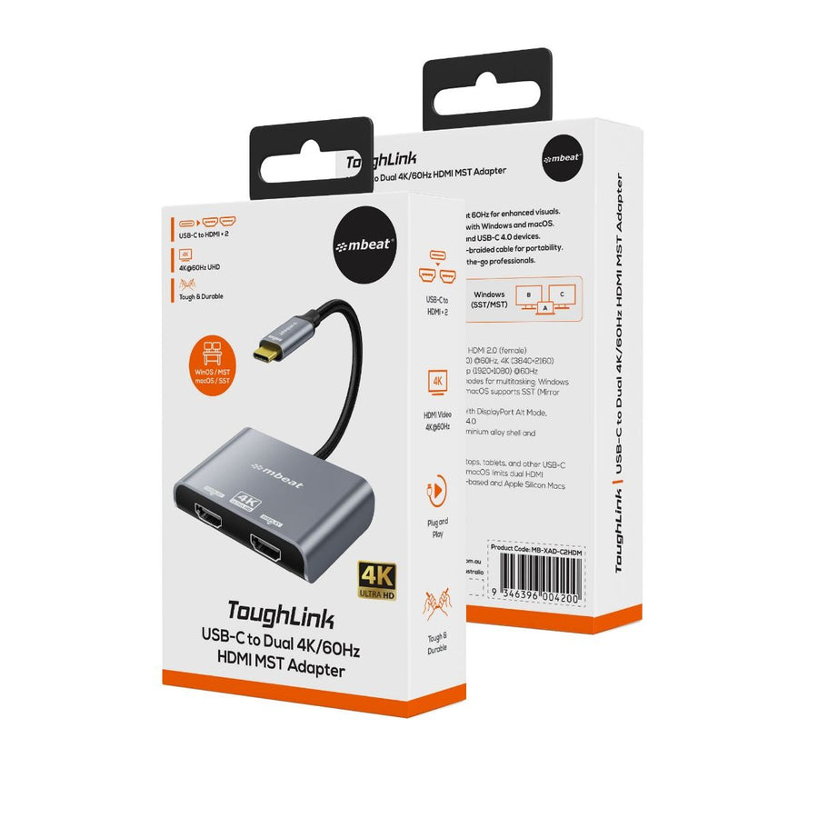 mbeat Tough Link USB-C to Dual 4K/60Hz HDMI MST Adapter - Space Grey