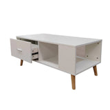 White Coffee Table Storage Drawer & Open Shelf With Wooden Legs - Front View