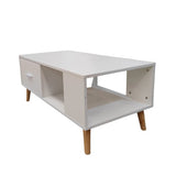 White Coffee Table Storage Drawer & Open Shelf With Wooden Legs - Side View