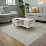 White Coffee Table Storage Drawer & Open Shelf With Wooden Legs - Top-Down View