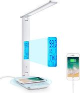 LED Desk Lamp with Fast Wireless Charger Clock Alarm Date Temperature - Front View