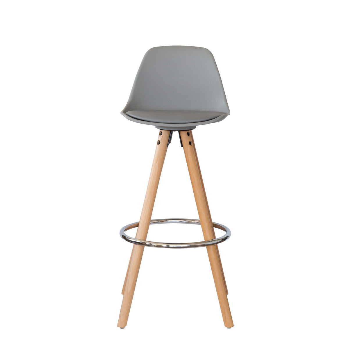 2 PU Leather Padded Barstools (Light Grey/Wood) with Metal Footrest