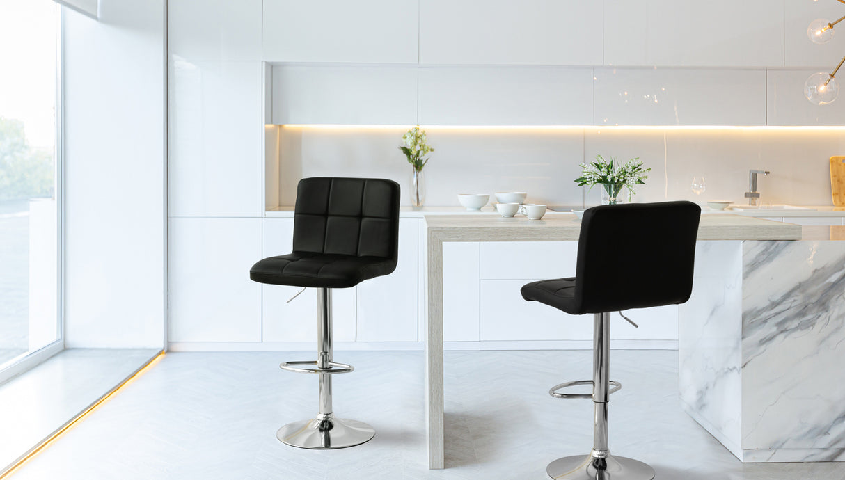 2 Tall Back Paddled Leather Barstools (Black), 90-110cm