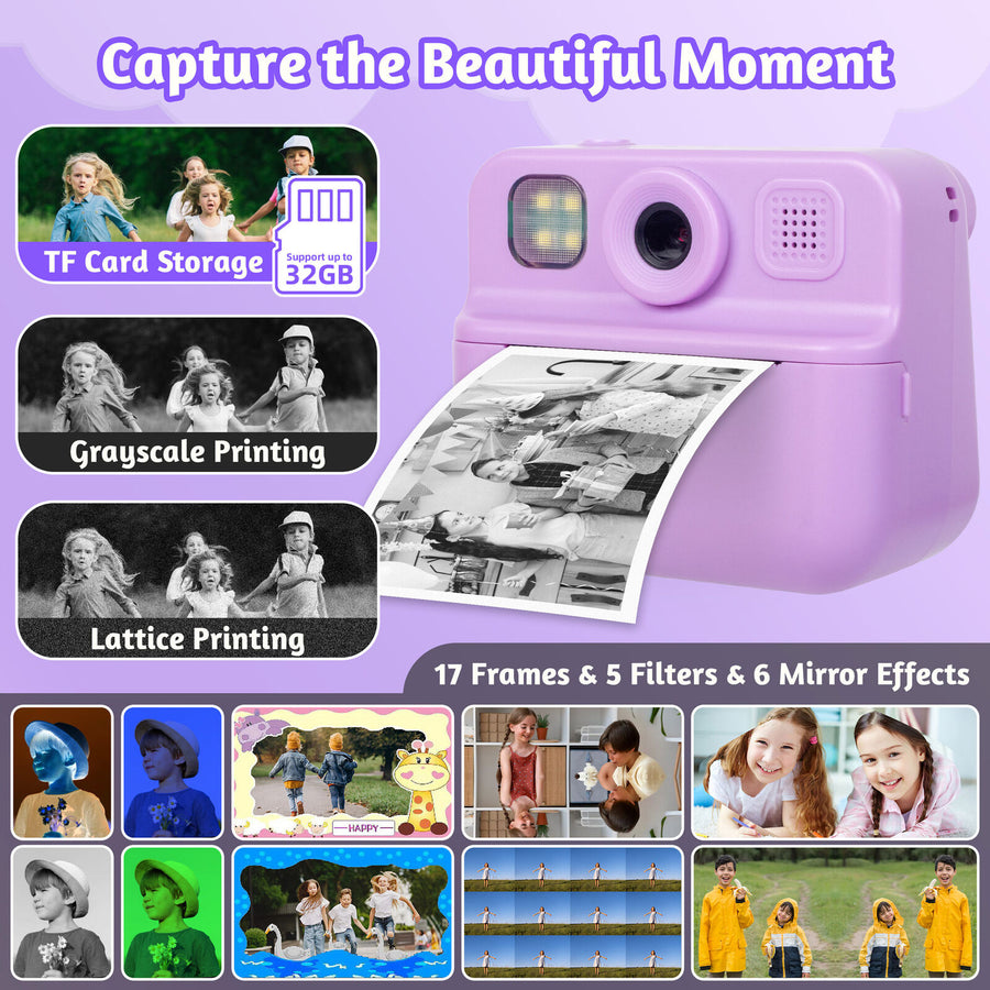 Kids 48MP Instant Print Camera with Dual Lens and 1080P HD Video