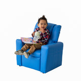 Blue Kids push back recliner chair with cup holder - Side View