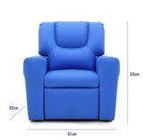 Blue Kids push back recliner chair with cup holder - Close-Up Angle