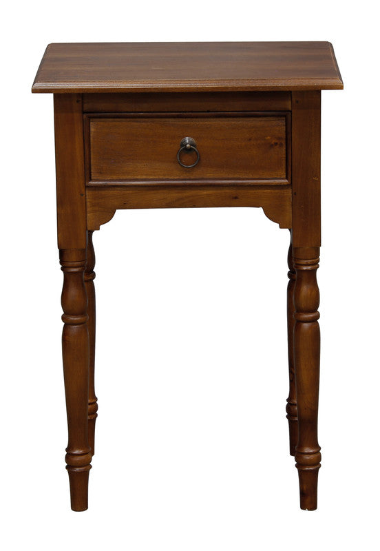Milly turned leg side table with one drawer and brass ring pull, solid mahogany
