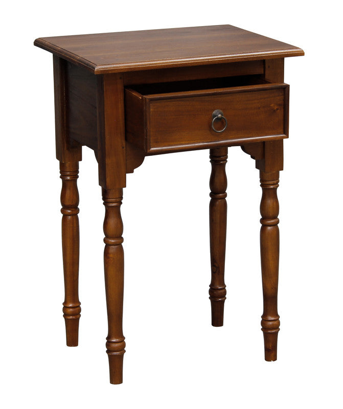 Milly turned leg side table with one drawer and brass ring pull, solid mahogany, brass ring pull on the drawer