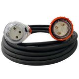 32 Amp 5m 3 Pin Extension Lead Single Phase 250V Rubber Cable Male/Female Plug - Top-Down View