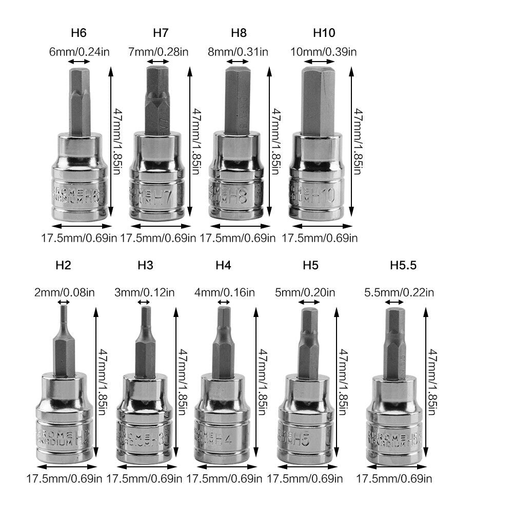 9pcs Allen Key Sockets Hex Bit Socket Set 3/8 Drive Drill Metric Tools 2-10mm