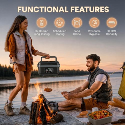 Portable 1L Cordless Electric Heated Lunch Box 16000mAh 60W 304 Stainless Steel Black&Green, Cordless
