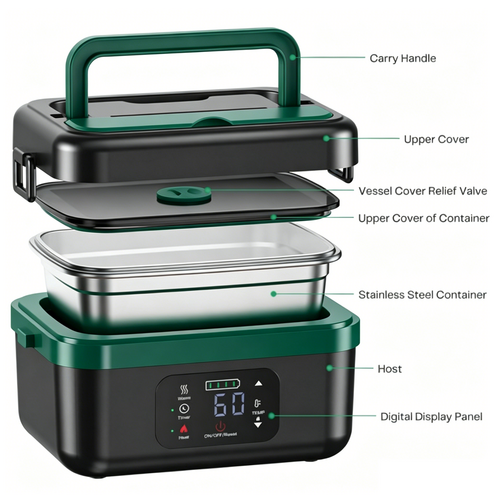 Portable 1L Cordless Electric Heated Lunch Box 16000mAh 60W 304 Stainless Steel Black&Green, image 6