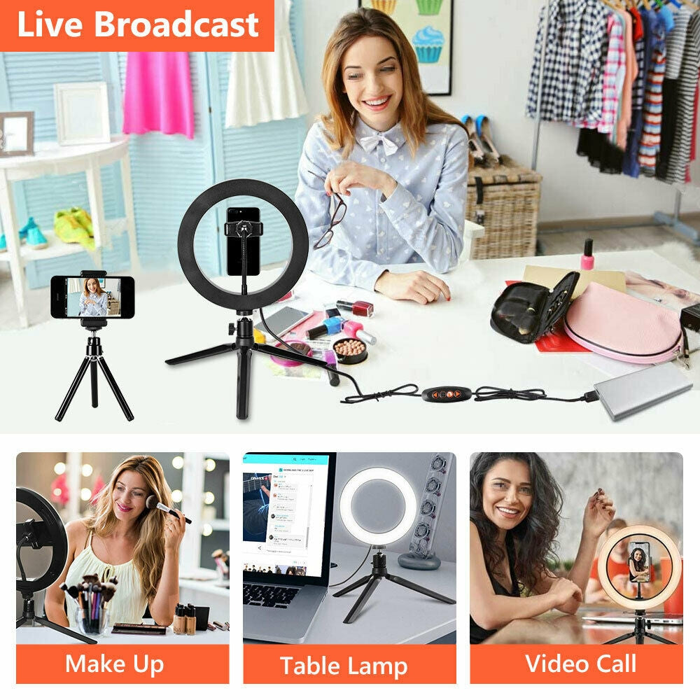 10 Dimmable LED Ring Light Tripod Stand for Phone Makeup Live Selfie
