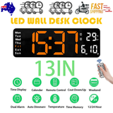 13 Orange Large Digital Big Jumbo LED Wall Desk Clock Display With Temperature Calendar