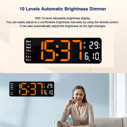 13 Orange Large Digital Big Jumbo LED Wall Desk Clock Display With Temperature Calendar