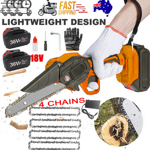 6 Mini Orange Cordless Electric Chainsaw 2X Battery-Powered Wood Cutter Rechargeable
