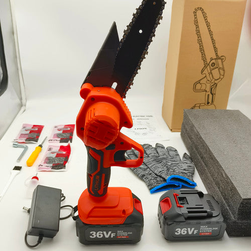 6 Mini Orange Cordless Electric Chainsaw 2X Battery-Powered Wood Cutter Rechargeable