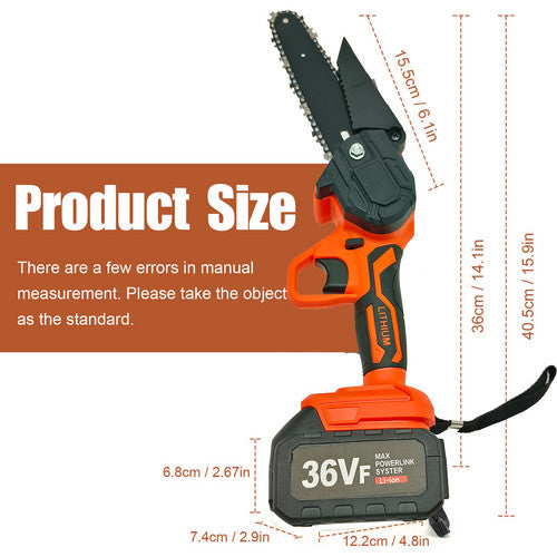 6 Mini Orange Cordless Electric Chainsaw 2X Battery-Powered Wood Cutter Rechargeable