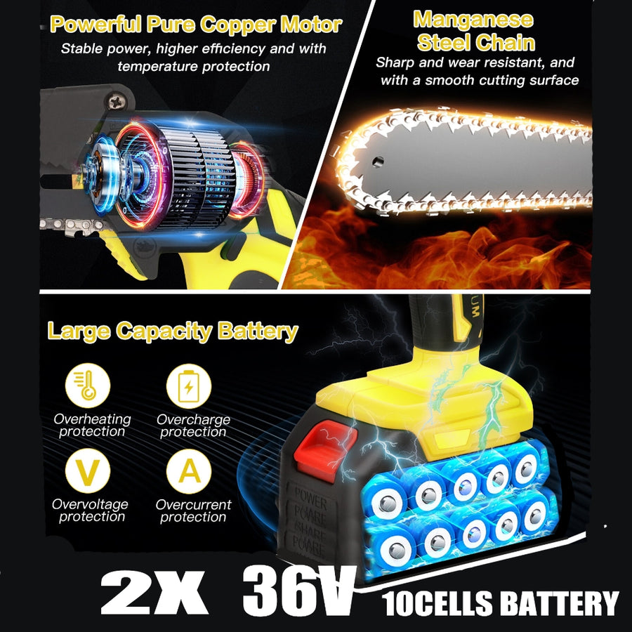 36V 8" Mini Cordless Electric Chainsaw 2XBattery 36V Wood Cutter Rechargeable, Rechargeable