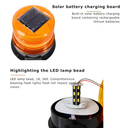 Solar Powered LED Flashing Beacon Light, 12-24V Amber Emergency Magnetic Warning Yellow