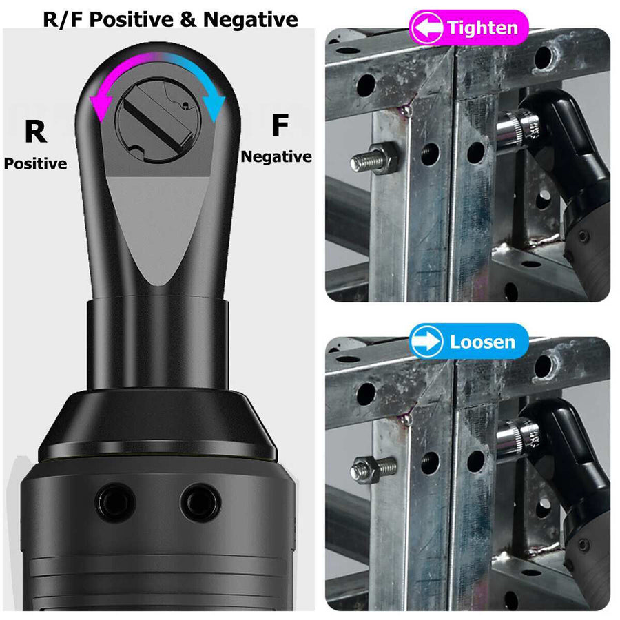 21V 3/8'' 100N.m Electric Right Angle Ratchet Wrench Charger+ 2 Battery, Electric