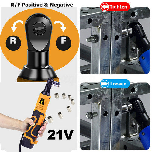 21V 3/8'' 100N.m Electric Right Angle Ratchet Wrench Charger+ 2 Battery, image 4