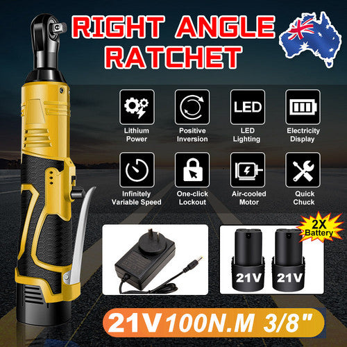 21V 3/8'' 100N.m Electric Right Angle Ratchet Wrench Charger+ 2 Battery, image 7