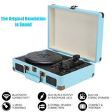 Blue Retro Briefcase Vinyl Record Player Suitcase 3 Speed Turntable Stereo Christmas - Front View