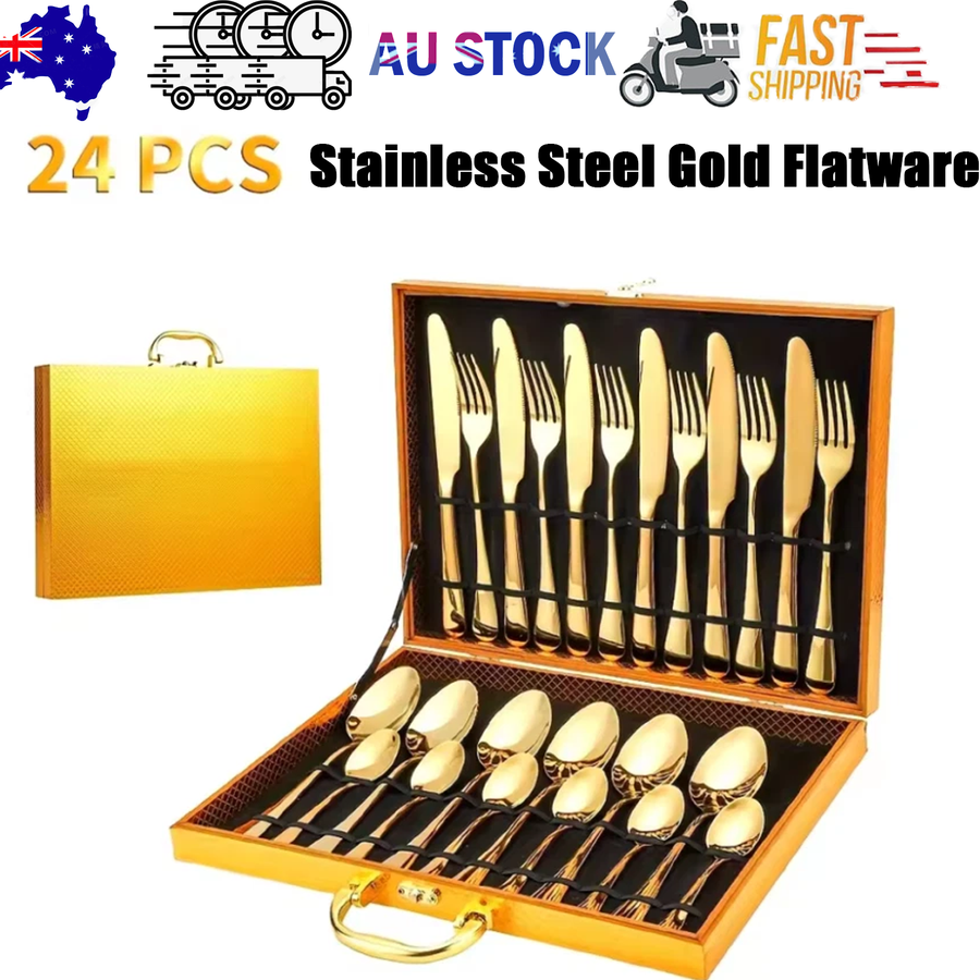 24pc Elegant Stainless Steel Gold Flatware Set Classic Knife Fork Spoon Gift Set