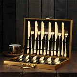 24pc Elegant Stainless Steel Gold Flatware Set Classic Knife Fork Spoon Gift Set - Front View