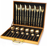 24pc Elegant Stainless Steel Gold Flatware Set Classic Knife Fork Spoon Gift Set - Side View