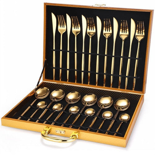 24pc Elegant Stainless Steel Gold Flatware Set Classic Knife Fork Spoon Gift Set