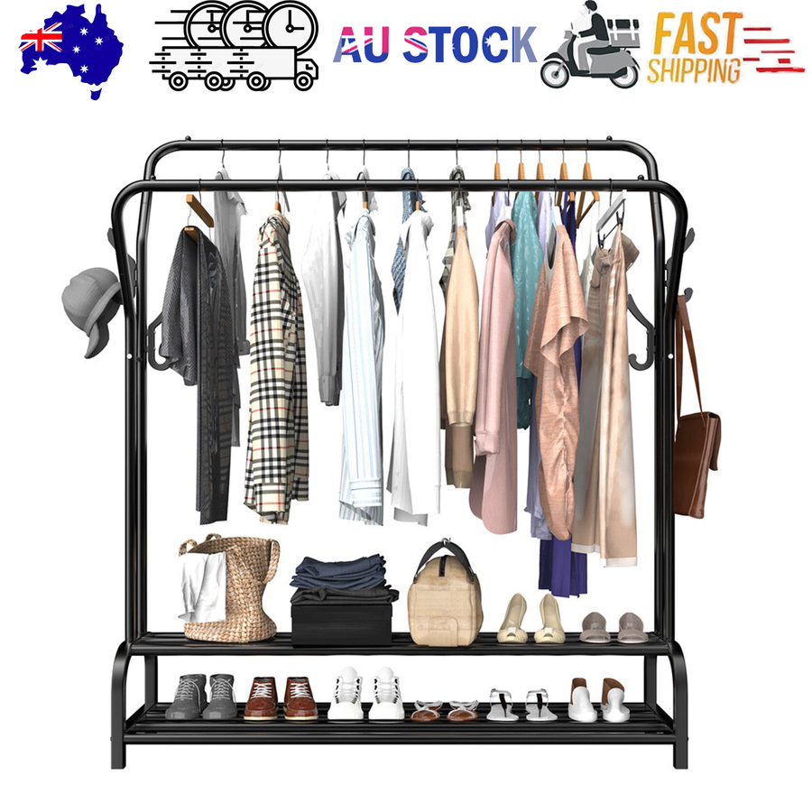 Black Heavy Duty Metal Double Clothes Rail Rack Garment Hanging Shoe Storage Shelf AU