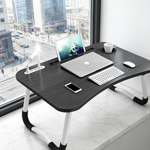 Black Laptop Stand Table Foldable Desk Computer Study Bed Adjustable Cup Slot Tray/linght and Fan