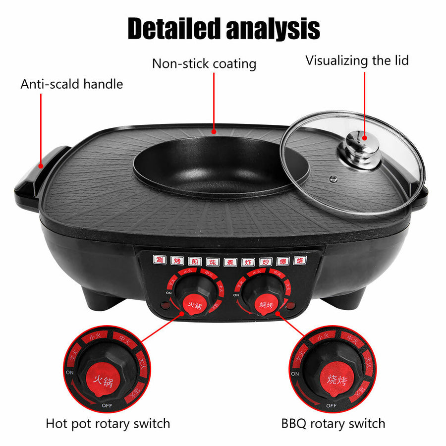 Electric 2 in 1 Hot Pot BBQ Oven Smokeless Barbecue Pan Grill Hotpot Machine