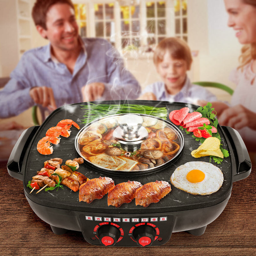 Electric 2 in 1 Hot Pot BBQ Oven Smokeless Barbecue Pan Grill Hotpot Machine