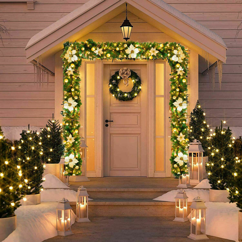 Gloden 9FT Xmas Christmas Garland Artificial Wreath with LED Lights Stairs Home Rattan