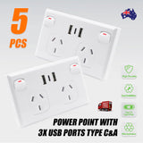 5PCS Double Power Point Dual USB+Type-C GPO Fast Charge 3.6 amp Wall Outlet