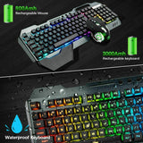 104 Keys Wireless Gaming Keyboard Mouse Set+Mouse Pad, RGB LED Backlit PC/Laptop Black-Rainbow - Front View