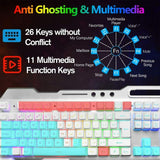 104 Keys Wireless Gaming Keyboard Mouse Set+Mouse Pad, RGB LED Backlit PC/Laptop White-RGB - 45-Degree Angle