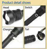 99000LM Ultra Bright LED Tactical Flashlight 3-Modes Zoom Torch USB Charging