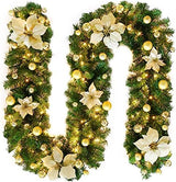 2.7M Christmas Garland with Lights Rattan Artificial Garland Green for Indoor Home Fireplace Stair Decorations-Gold - Top-Down View