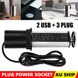 Pop Up Power Point 3 Socket Plug + 2 USB Table Home Kitchen Desk Outlet - Side View