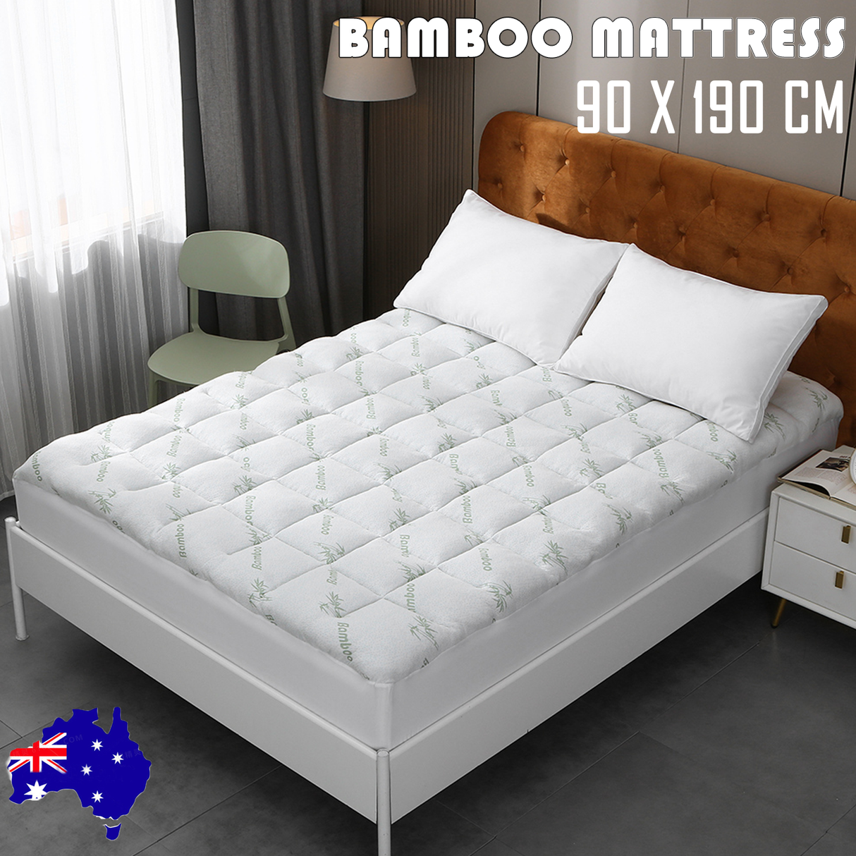 Bamboo Pillowtop Mattress Topper Luxury Bedding Mat Pad Protector Cover Single 90 x 190 cm