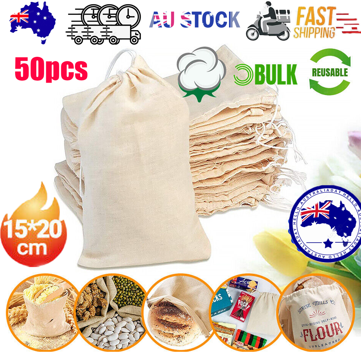 50Pcs 15X20cm Drawstring Storage Bags Calico Bags Linen Tote Gift Bag Bulk