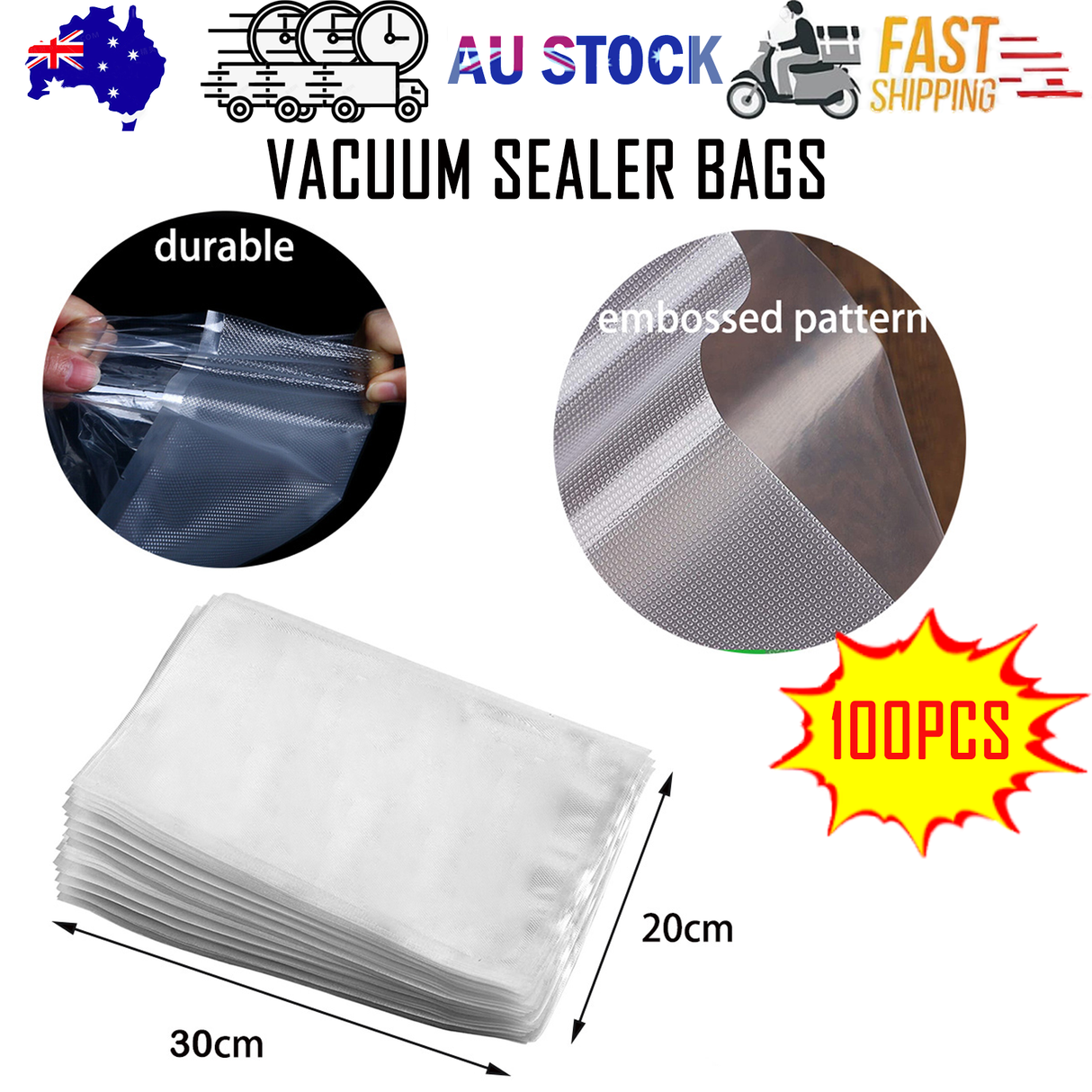 100X Vacuum Sealer Bags Precut Food Storage Saver Heat Seal Cryovac BPA-Free 20x30cm