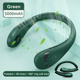 Green 5000mAh Mini Neck Fan Bladeless Foldable Portable Quiet Rechargeable 360degree Cooler - Front View