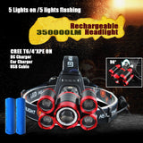 LED Headlamp Rechargeable 350000LM Headlight T6 Head Torch Lamp Fishing Camping - Close-Up Angle