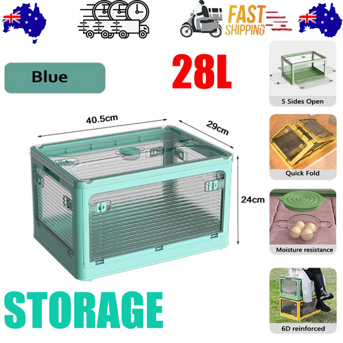 28L BLUE Storage Container Stackable 5 Sides Open Top Lid Transparent Foldable